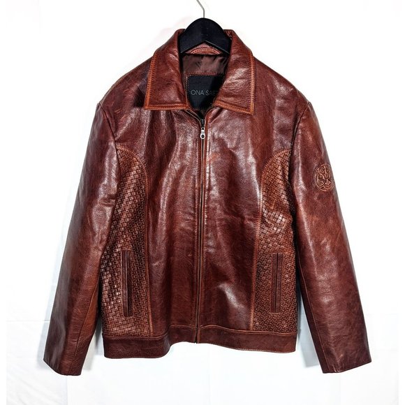 Ona Saez Other - Men's Large ONA SAEZ Cow Leather Cafe Racer Moto Jacket Woven Embossed